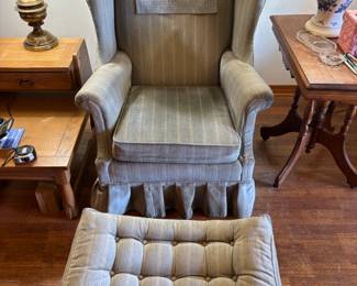 Light Blue arm chair and ottoman 
Chair: 34”w 22”d 40”t Otto: 29”x19”x 13”t $ 250.00 set