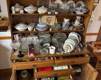 2 piece Oak 3 shelf Hutch 55”w 20”d 31”t-71”t.                          $ 350.00
