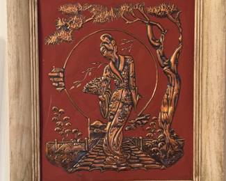 pair of unique copper relief art with painted overlay