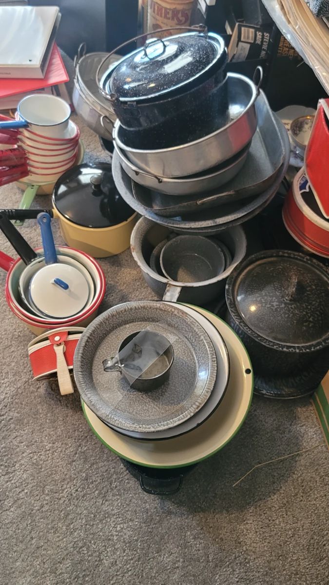 Enamelware pots & pans as well as some graniteware including a US Navy Large Graniteware Urn