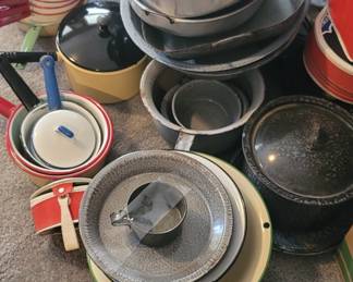 Enamelware pots & pans as well as some graniteware including a US Navy Large Graniteware Urn