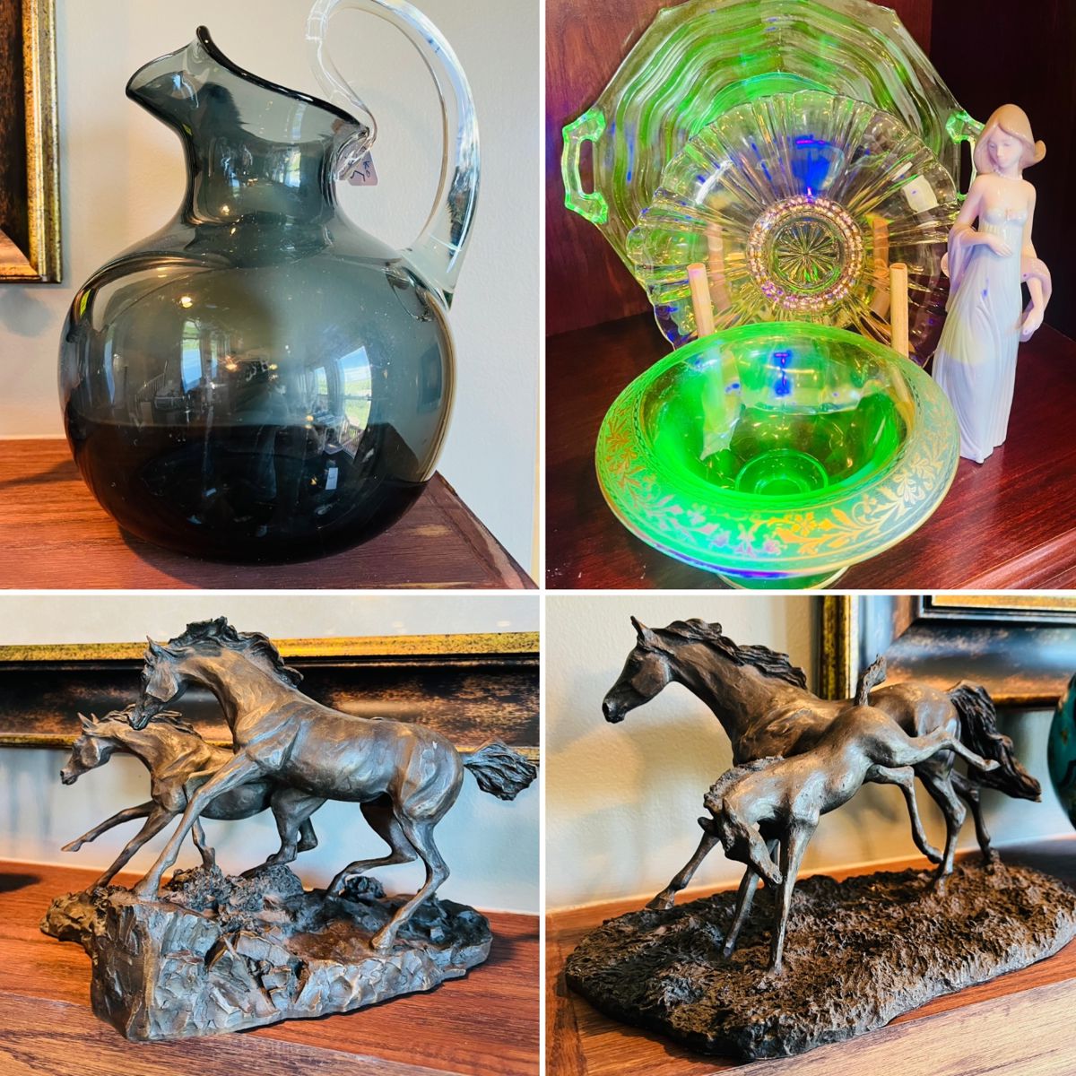 Blenko vase, uranium glass, Lladro figurine, Lanford Monroe horse sculptures