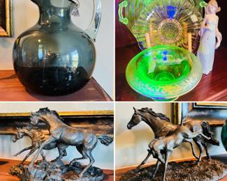 Blenko vase, uranium glass, Lladro figurine, Lanford Monroe horse sculptures