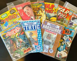 Collection of vintage and modern comic books, featuring titles from Marvel Comics and Milestone Media (distributed by DC Comics).