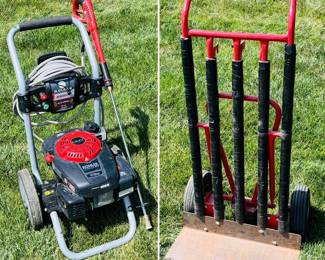 G-Clean gas pressure washer powered by a Kohler 173cc engine, and a stack truck dolly
