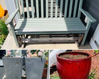 Garden Glider Bench, tall tapered planters and red outdoor planter.