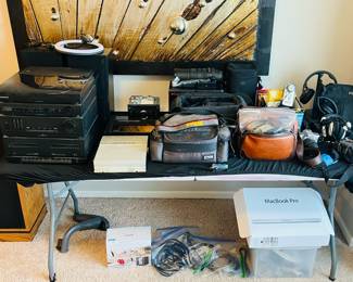 Vintage Magnavox AS305M Home Stereo System, Kenwood KAC-M5024BT compact 4-channel amplifier with Bluetooth, camera plus equipment and a MacBook Pro