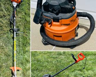 STIHL FS 130 R trimmer, RIDGID wet/dry shop vacuum, and a BLACK+DECKER LE750 2-in-1 Electric Landscape Edger and Trencher.
