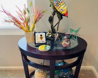 Glass round wood table, Tiffany table lamps