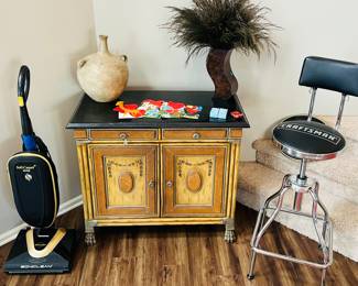 Soniclean vacuum, vintage Valentine’s Day cards, craftsman stool, sideboard cabinet