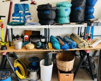Camping/sleeping bags, lawn, chairs, wiring, bike pump