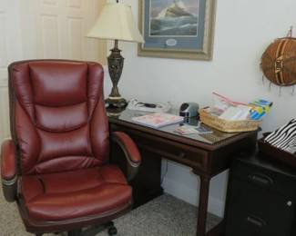 Maroon Faux Leather Swivel Desk Chair, Mahogany Desk, Black Metal File Cabinet