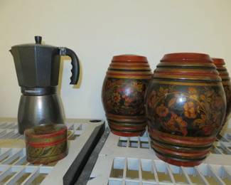 Russian Khokhloma Hand-Painted Wooden Barrel Canisters