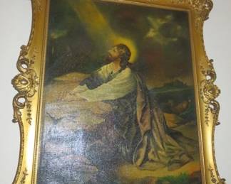 Vintage Oil on Canvas Garden of Gethsemane Jesus Painting, Gilt Frame
