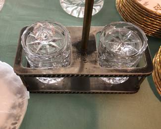 Waterford condiment jars in a silver plated caddy 