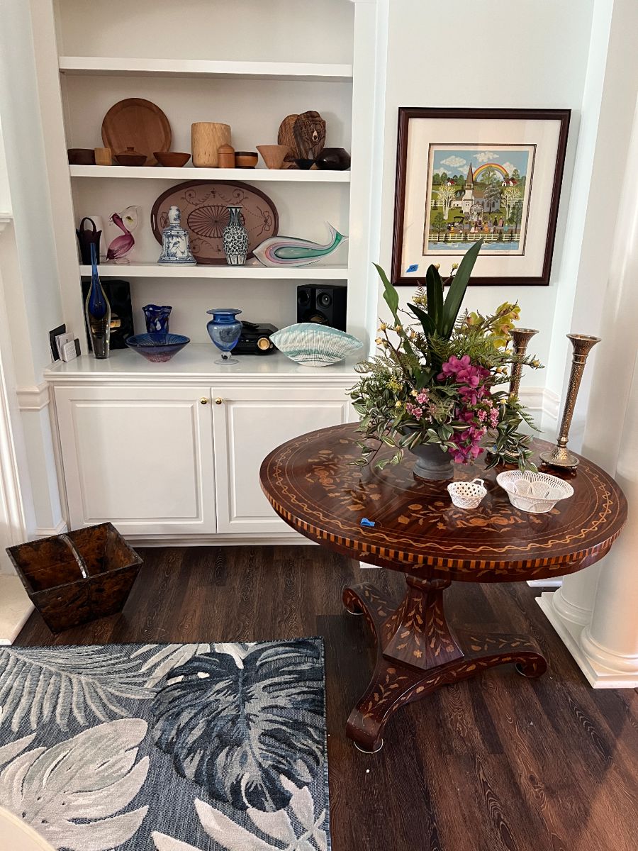 Antique inlaid table, art glass, misc decor