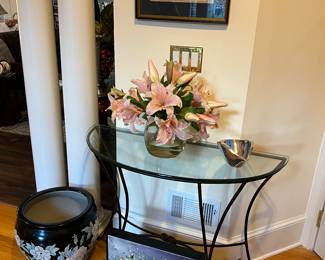 Glass top demi lune, artwork, decor