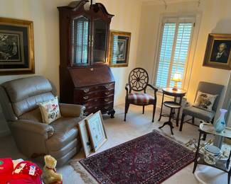 Secretary, occasional tables and chairs, artwork, rug, lazyboy recliner