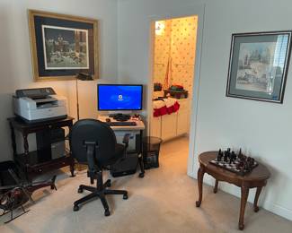 Small desk, artwork, computer, printer, misc