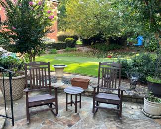 Trex rockers and table, planters, bird feeders, bird feeder camera