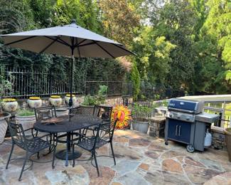 Patio table, chairs, umbrella, planters, accessories, Weber grill