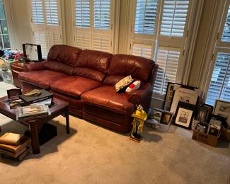 Leather sofa, display coffee table, books, frames, jellyfish tank