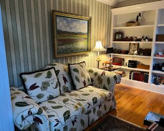 Sofa, artwork, signed duck decoys, misc