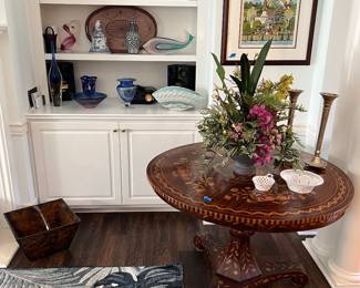 Antique inlaid table, art glass, misc decor