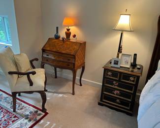Antique slant front ladies’ desk, arm chair, lamps, decor, pair of side chests