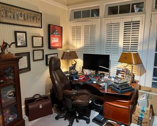 Desk, office chair, lamps, computers, iPads, misc electronics