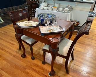 Leather top game table, pair of chairs, misc kitchen