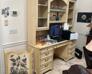 Sligh desk with glass cabinets, decor, printer, computer, Orbi