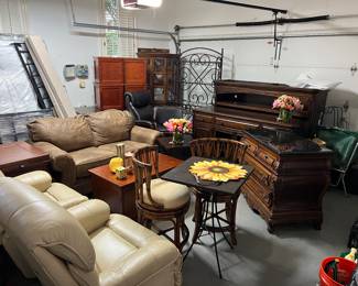 Marble top chest, 2 piece buffet, bistro table, pair of stools, recliners, convertible coffee table, rolling storage bins with trays, baker’s rack, corner cabinet, twin bed, Queen bed with linen headboard 