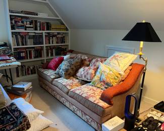 Sofa, books, pillows, linens, floor lamp, Dyson fan
