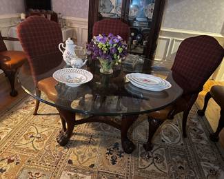 Round glass dining table with wood base, 6 Ralph Lauren dining chairs - 2 arm, 4 side