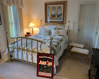 Brass bed, art by Thomas McKnight, pair of benches