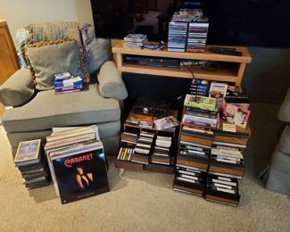 Side chair, records, CDs, DVDs, cassette tapes