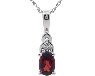 NEW! Oval Garnet & Natural Diamond Chevron Drop Pendant Necklace in 14k White Gold