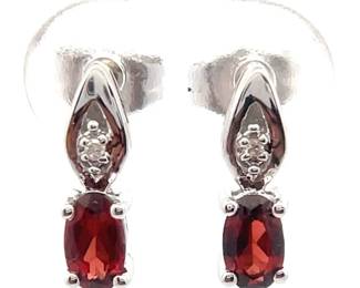 Oval Garnet & Natural Diamond Cluster Earrings in 14k White Gold