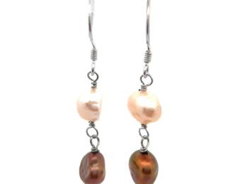 Cultured Golden Brown & White Pearl Drop Earrings