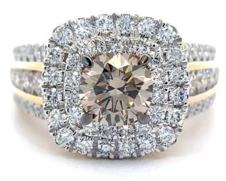 2.50 Carat Champagne & White Diamond Double Halo Pavé Ring in 14k Yellow Gold