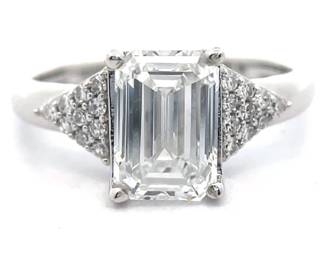 2 Carat Emerald Cut Diamond Pavé Triangle Ring in 14k White Gold