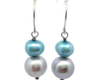 Cultured Blue & White Pearl Drop Earrings