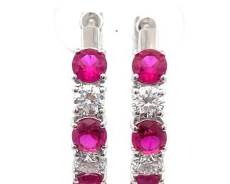 0.51 Carat Diamond & Ruby Hoop Earrings in 14k White Gold