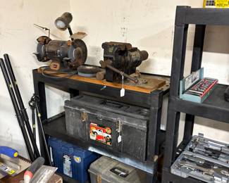 Craftsman 1/3 HP Bench Grinder. Bench Vise. Vintage Tool Boxes. Shelving.