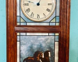 DANBURY MINT 'MAJESTIC HORSES" STAINED GLASS CLOCK W/SEASON CHANGES