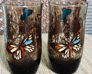 Vintage Anchor Hocking Smoke Brown Glass Butterfly Garden Tumbler Thick Bottom. Multiple Sets!