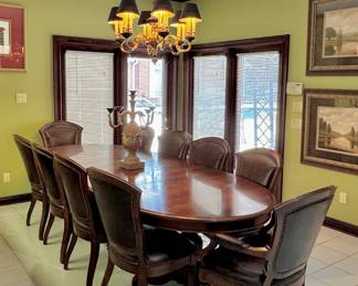Ralph Lauren dining table and 10 leather with nailhead trim dining chairs