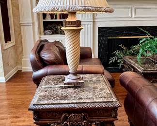 Old world style marble top end table, one of pair