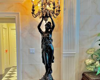 After Albert Ernest Carrier-Belleuse patinated and parcel gilt three tier torchiere lamps 104” H x 23” W, one of pair